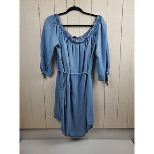 Rue 21 Womens Plus 1X Chambray Denim Dress Tie Waist Peasant Boho Midi